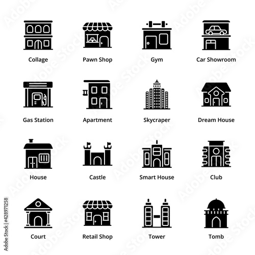 Buildings Glyph Icons - Solid, Vectors