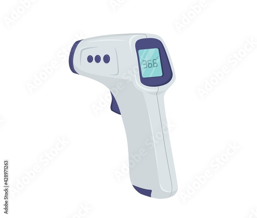 Electronic temperature meter. White laser medical device with digital thermometer checking thermal surges in case coronavirus pandemic and vector infections.