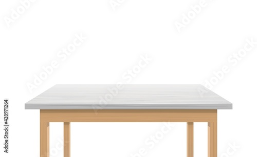 Wooden table with white surface close up. Contemporary writing table top with stylish plastic decor.