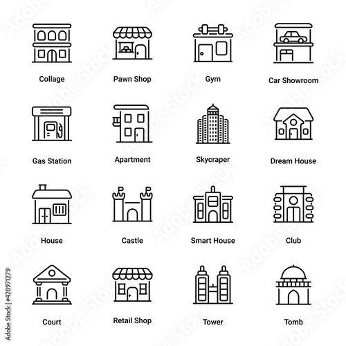 Buildings Outline Icons - Stroked, Vectors