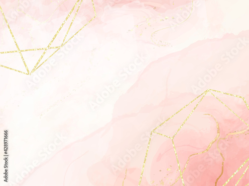 Abstract dusty pink liquid watercolor background with golden polygonal lines. Pastel marble alcohol ink drawing effect. Vector illustration design template for wedding invitation