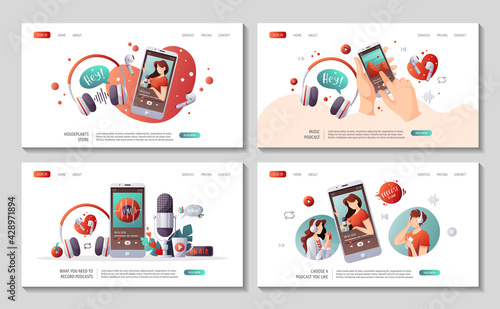 Set of web pages with collection of podcast. Streaming, Online show, blogging, podcasting, podcast apppodcast app, radio broadcasting concept. Vector illustration for poster, banner, website.