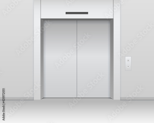 Modern elevator illustration. Closed steel silver doors with side call button elegant lifting equipment.