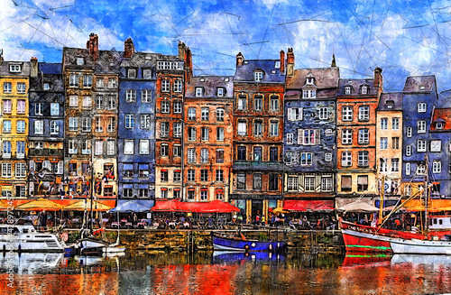 Canvas Print Colorful bulding and waterfront of Honfleur harbor in Normandy, France