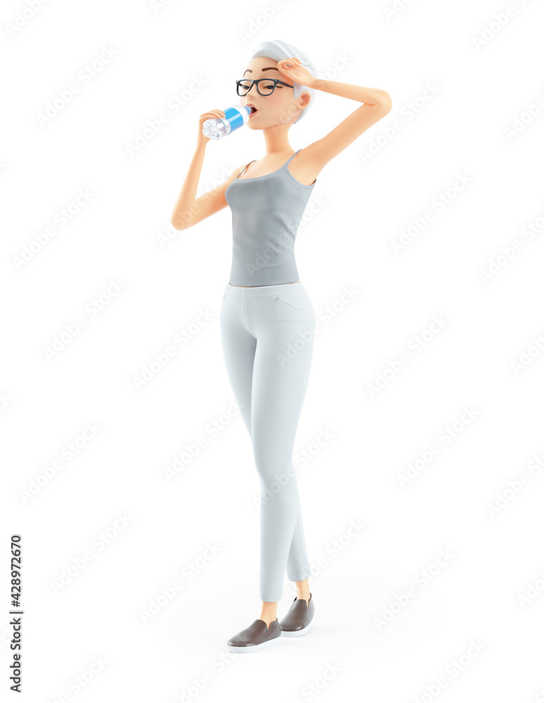 3d senior woman drinking water on bottle