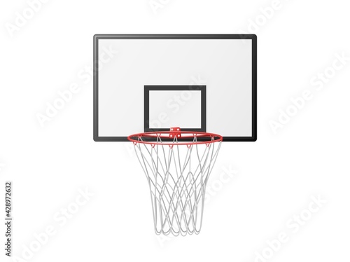 Basketball basket on backboard clipart. Essential element of active game with red metal hoop and white net hanging special mount popular sports competitions and vector recreation.