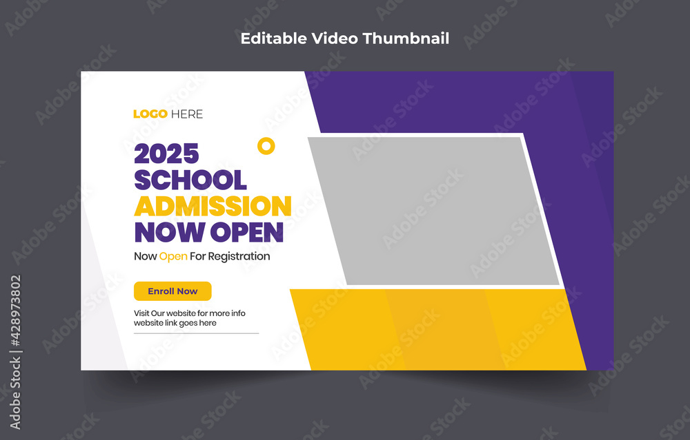 Modern Editable thumbnail design for any videos. Kids school education admission customizable video thumbnail and web banner template.