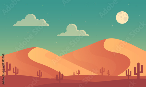 Desert Night Landscape View Illustration