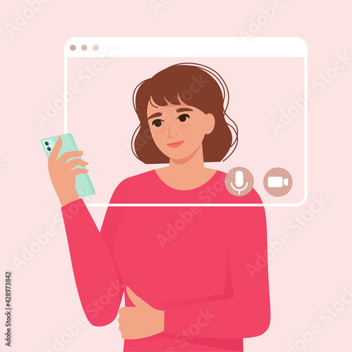 Woman talking on the smartphone, video call, facetime. Virtual video frame on female. Vector illustration in flat style