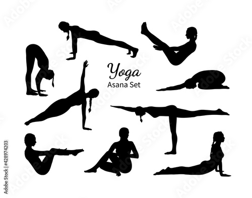 Yoga asana set with black woman silhouettes. Yogi girl full body training including core muscles, legs and arms. Sketch vector illustration isolated in white background