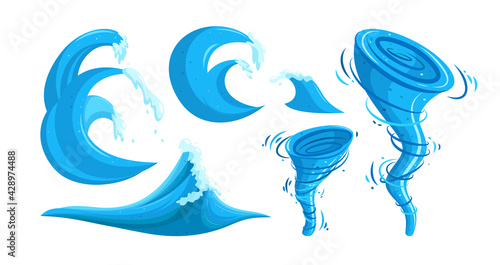 Waves and whirlpool set. Tsunami waves flooding the area. Clipart cartoon vector illustration