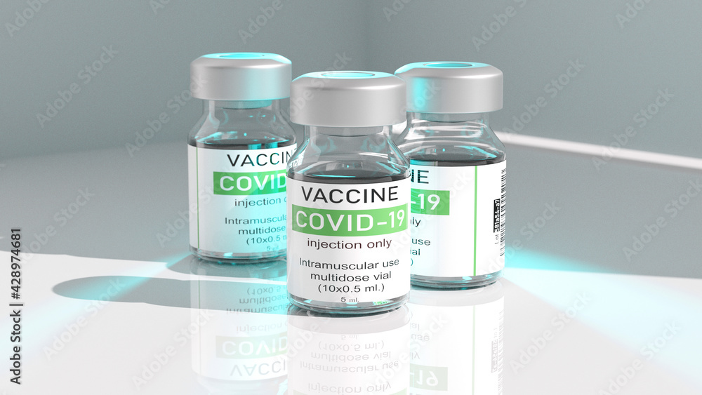 Vaccine glass bottle covid-19 virus. Epidemic virus protection concept. .3D Rendering. Vaccine glass bottle covid-19 virus. Epidemic virus protection concept. .3D Rendering.