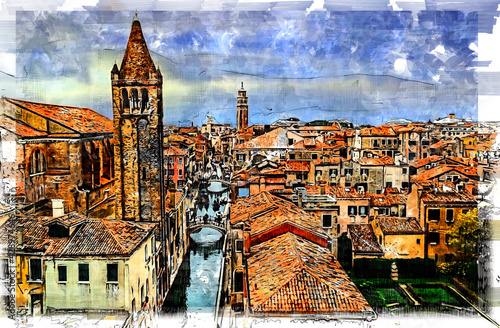Dramatic view on Fondamaenta Alberti and Chiesa San Barnaba. Venice, Italy. Artistic sketch illustration. © Stanislav