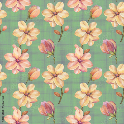 Magnolia seamless botanical pattern. Watercolor botanical ornament. Pink flowers on an abstract green background.