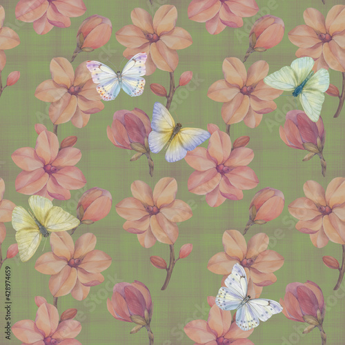 Magnolia and butterflies seamless pattern. Watercolor botanical ornament. Abstract pattern, painted flowers and insects.