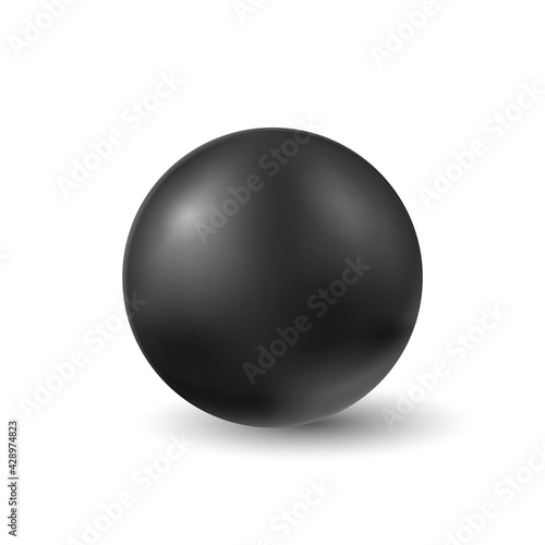 Black round ball. Sphere geometric empty metal decoration with light flares and shiny realistic vector design.