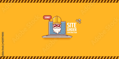 Site under construction orange web landing page design concept with funny worker and laptop.