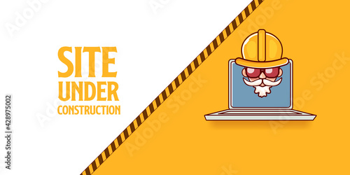 Site under construction orange web landing page design concept with funny worker and laptop.