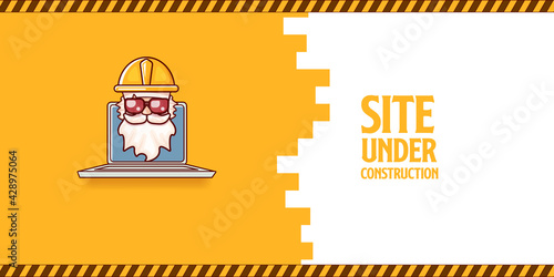 Site under construction orange web landing page design concept with funny worker and laptop.