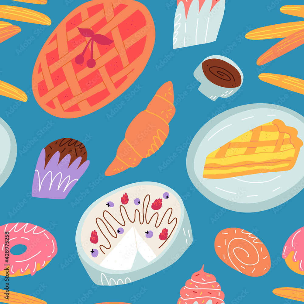 Cute various bakery desserts seamless pattern. Traditional American, French, Spanish sweet pastry on blue background