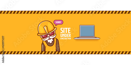 Site under construction orange web landing page design concept with funny worker and laptop.
