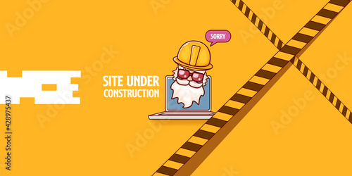 Site under construction orange web landing page design concept with funny worker and laptop.