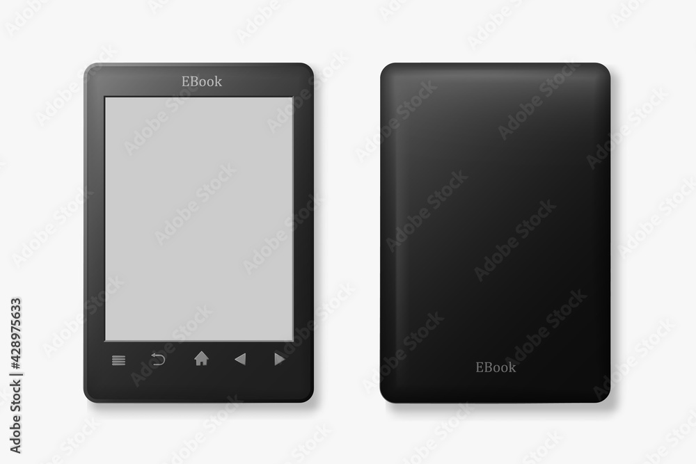 Front ebook and back view template. Tablet black with empty screen and control buttons handy digital library for learning and vector entertainment. Front ebook and back view template. Tablet black with empty screen and control buttons handy digital library for learning and vector entertainment.