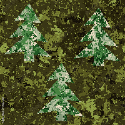 Seamless pixel camouflage pattern with symbolic Christmas trees. Green shades. Editable.