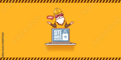 Site under construction orange web landing page design concept with funny worker and laptop.