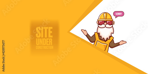 Site under construction orange web landing page design concept with funny worker and laptop.