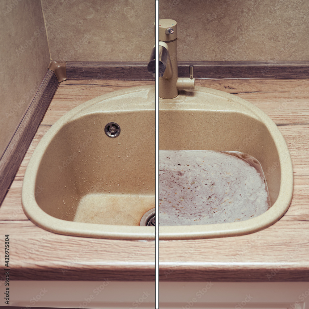 The problem of a clogged kitchen sink. Before and after removing the cause of blockages Photos