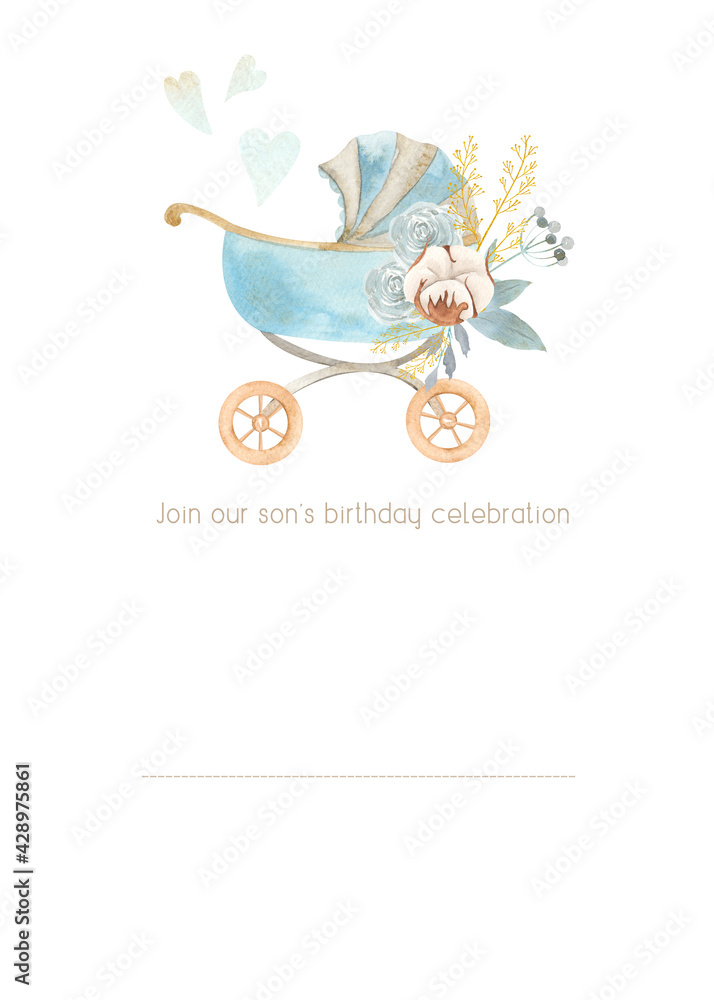 Fototapeta premium Watercolor hand painted newborn boy birthday card and baby shower invitation. Design for invitation, children decoration. Kid, flowers, baby, bear