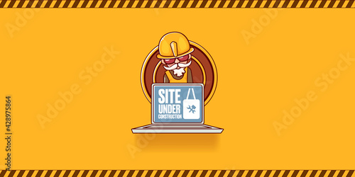 Site under construction orange web landing page design concept with funny worker and laptop.