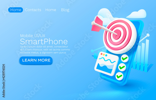 Smartphone target analytics banner concept, place for text, online application, mobile service. Vector