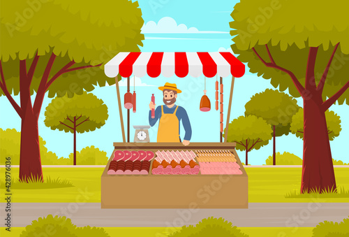 Farmer street market or fair shopping counter with meat and seller man sells livestock products