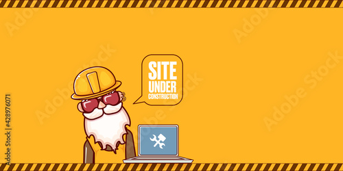 Site under construction orange web landing page design concept with funny worker and laptop.