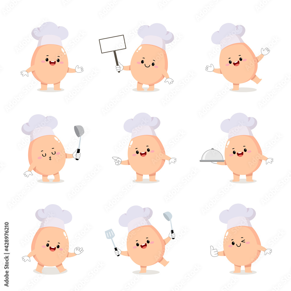 Set of cute egg chef cartoon characters with various activities. Set of cute egg chef cartoon characters with various activities.