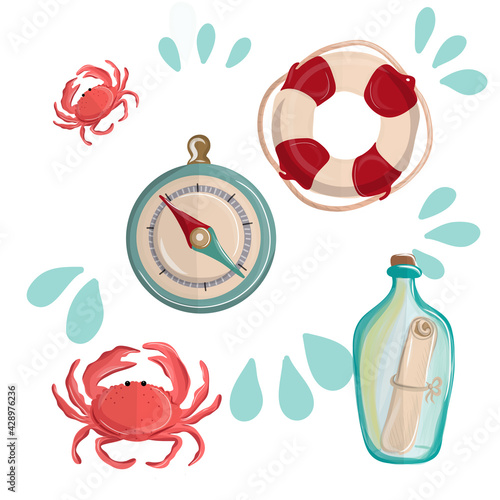 Nautical doodle set with lifebuoy, compass, crab, glass bottle with note and lighthouse. Vector illustration EPS10