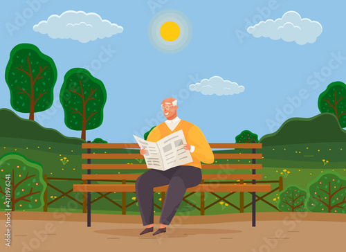 Old man with glasses sitting and reading newspaper on bench in city garden with green trees