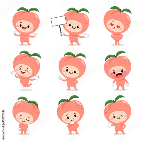 Set of cute peach cartoon characters with various activities and emotions.