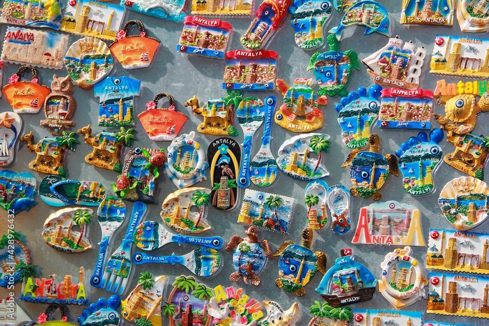 Antalya, Turkey, April 19, 2021. Decorative multi-colored magnets with the inscription Antalya