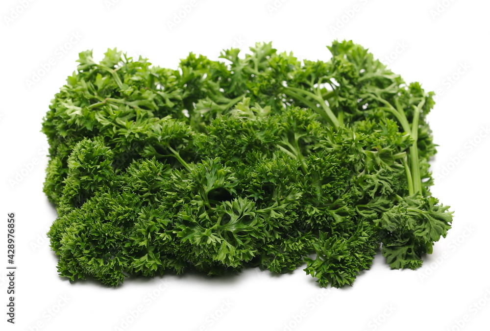 Fresh green French parsley leaves isolated on white background Fresh green French parsley leaves isolated on white background