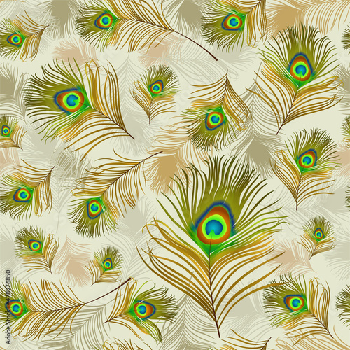 Peacock feather. Seamless pattern birds plumage. Vector illustration.