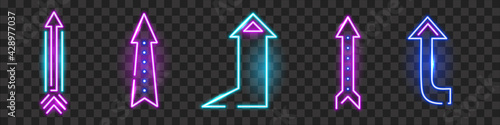 Neon arrows pointers geometric isolated set. Curves and straight bright blue signpost with soft glow and advertising lights electric symbol of bars and vector casino.