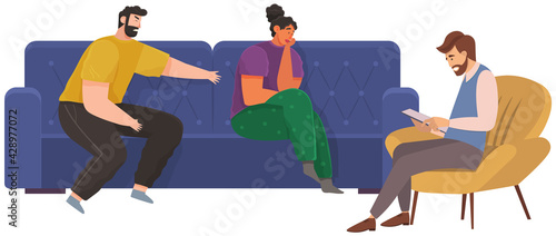 Family relationship problems. Conversation between man, woman and male psychologist, upset girl