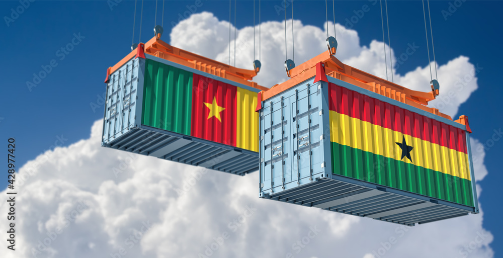 Freight containers with Cameroon and Ghana national flags. 3D Rendering 