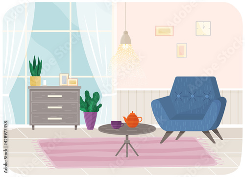 Flat design interior. Planning and arrangement of furniture in apartment. Living room. Home lifestyle. Style house