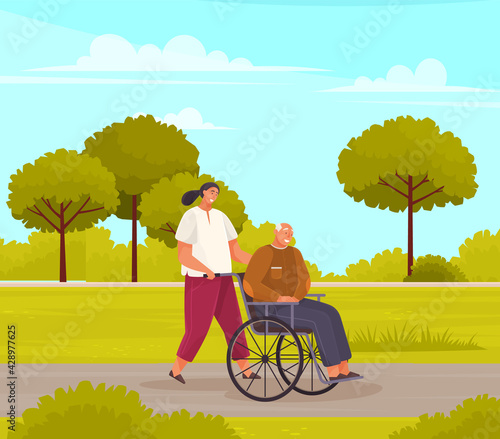 Woman rolls old man in wheelchair. Grandfather walks and sits in disabled carriage in city park
