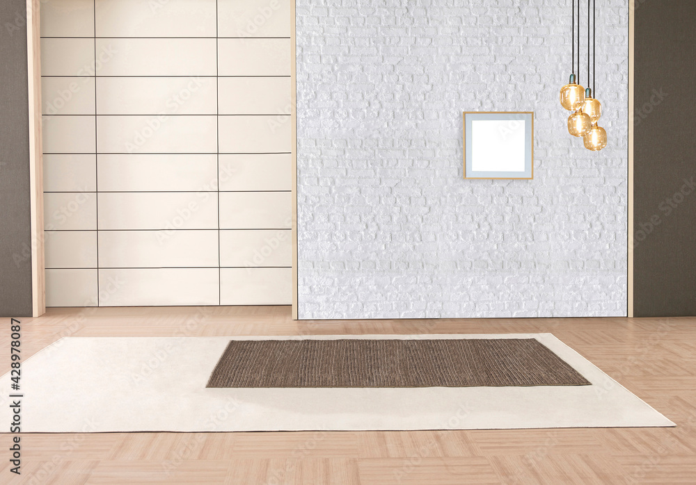 empty living room interior decoration modern lamp and wooden floor, stone wall concept. decorative background for home, office, hotel