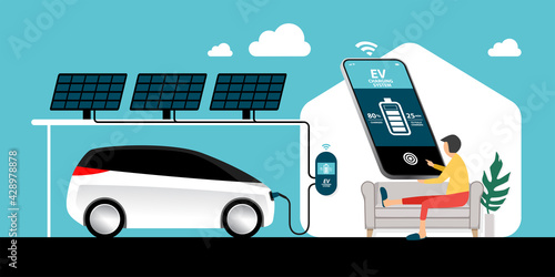 pure white battery electric vehicle (BEV) and solar-powered charging system at home, man holding smartphone with EV charging system app that shows charging process, smart technology, green concept.